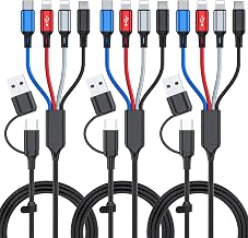 6 in 1 Multi Charging Cable 3Pack-6FT Multi USB Cable 3A Multi Charger Cable Braided Multiple Phone Charger Cable Universal USB A/C Charging Cord with 2*IP/Type C/Micro USB Port for Cell Phone/Tablets
