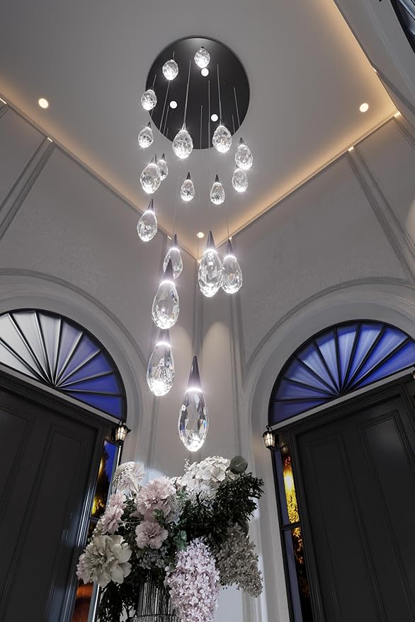 20 Lights Large Chandelie for High Ceiling Black Pendant Light Fixture with Dimmable Big Crystal Chandelier for Staircase Foyer Villa