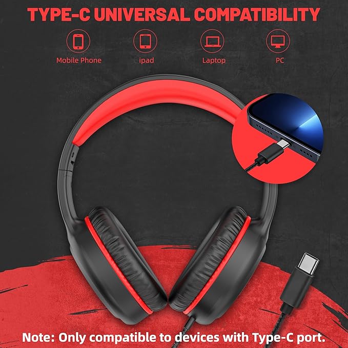 Wired Headphones with Type C Cable for Boys Girls Kids Youth, USB-C Headphones Lightweight Portable Compatible with Pad Phone for Adults Student Children Black Red