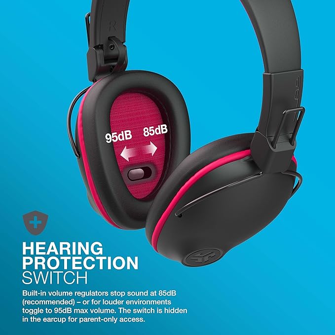 JLab JBuddies Pro Wireless Over-Ear Kids Headphones, 35+ Hour Battery Life, Built-in Volume Regulators for Safety, Share Mode, Folding, Adjustable, Noise Isolation, with Mic, Pink