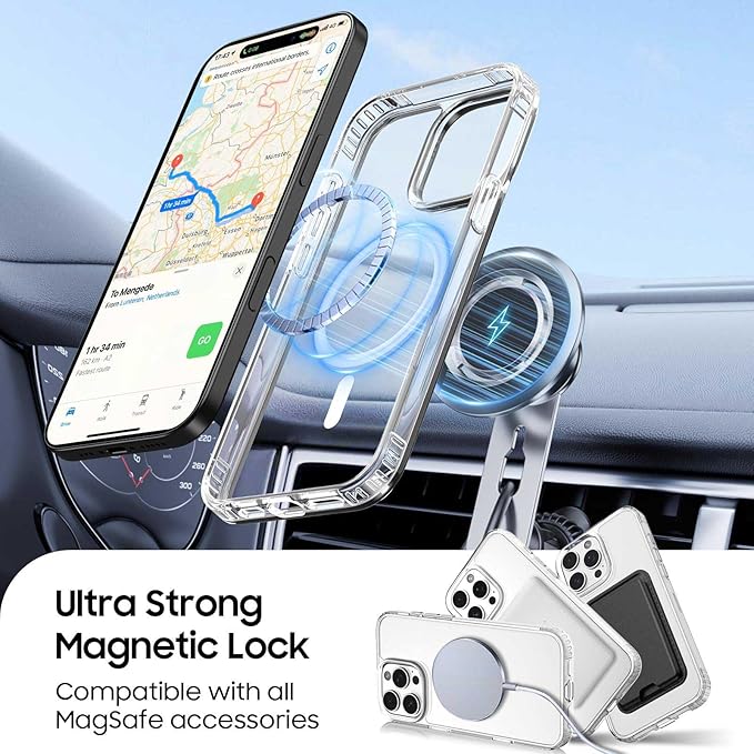 Magnetic for iPhone 14 Pro Clear Case with Blue Card Holder, Compatible with MagSafe, Slim Shockproof Phone Cover with Detachable Wallet, Built-in Magnet Ring