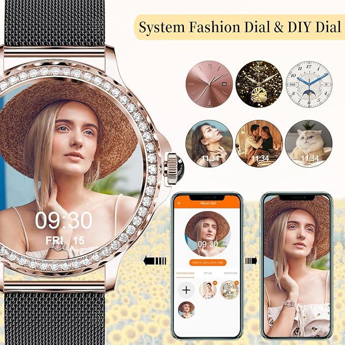 Smart Watches for Women (Answer/Make Calls), 1.3” Fitness Tracker Watch with Heart Rate/Blood Pressure/SpO2/Sleep Monitor, IP68 Waterproof Smart Watch for Android Phones and iPhone - Rose Gold Black