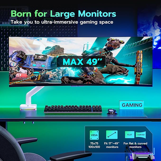 Ultrawide Monitor arm for 17-49'' Heavy Duty Screen up to 44lbs, Gas Spring Single Monitor Arm with RGB Light, Adjustable Gaming Computer Monitor Arm for Desk, White