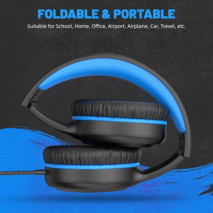 On Ear Wired Blue Headphones for Boys Girls Folding Corded Head Phones for Kids Youth Student Children Portable Headphone for School Classroom