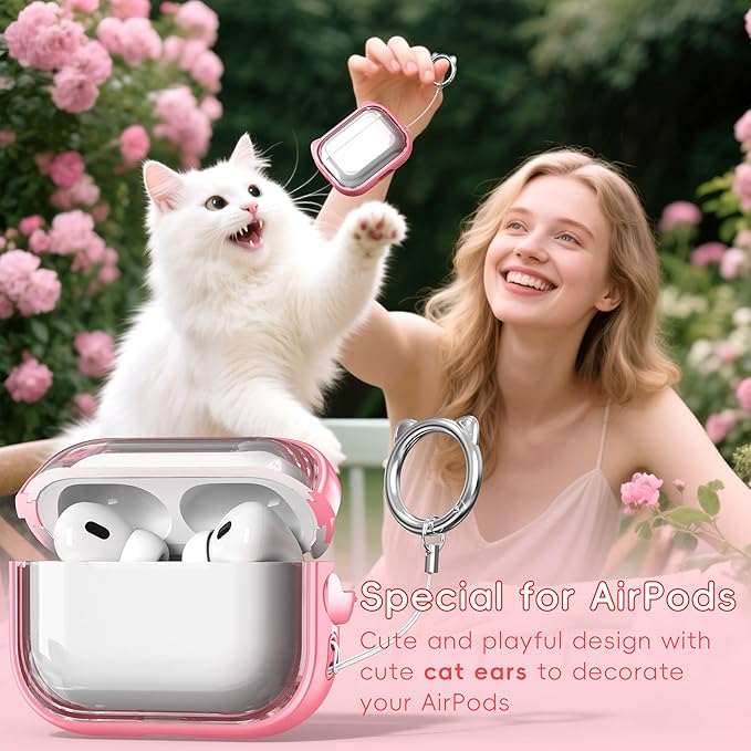 for AirPods Pro 2 Case with Cleaning Kit, Cute Cat Ear Print Design & Cute Buckle for Girls, Phone Holder & Top Safe Lock Buckle Design for AirPods Pro 2nd/1st Gen case, Clear Flowers