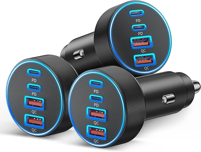 Car Charger USB C, 3 Pack 4-Port 90W Fast Charging Car Phone Charger Accessories Dual USB-C & USB-A Cargador Carro Cigarette Lighter Adapter for iPhone 17 16 15 14 13 12, iPad, Galaxy, Tablet, Android