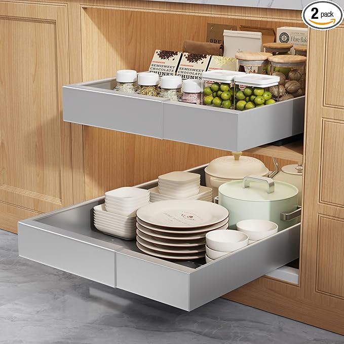 2 Pack Pull Out Cabinet Organizers 21" Deep With Raising Pad for Framed Cabinets, Expandable Width (9"-14") Slide Out Drawers Upgrade 3 Slide Rails, Roll Out Shelves Adhesive, Silver