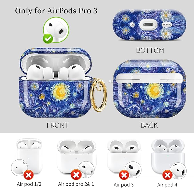 for AirPods Pro 3 Case, Compatible with AirPods Pro 3rd Generation Case (2025), Shockproof Protective Cover with Golden Carabine (Starry Night Blue)