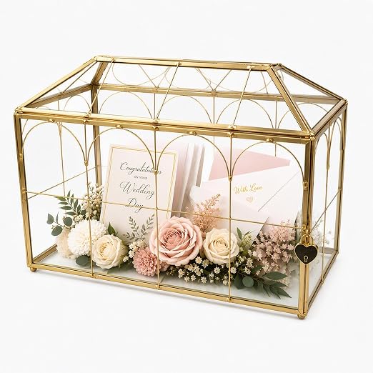 ZMG Glass Wedding Card Box With Slot And Heart Lock, Large 12.6 Inch