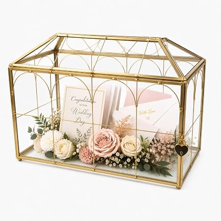 ZMG Glass Wedding Card Box With Slot And Heart Lock, Large 12.6 Inch
