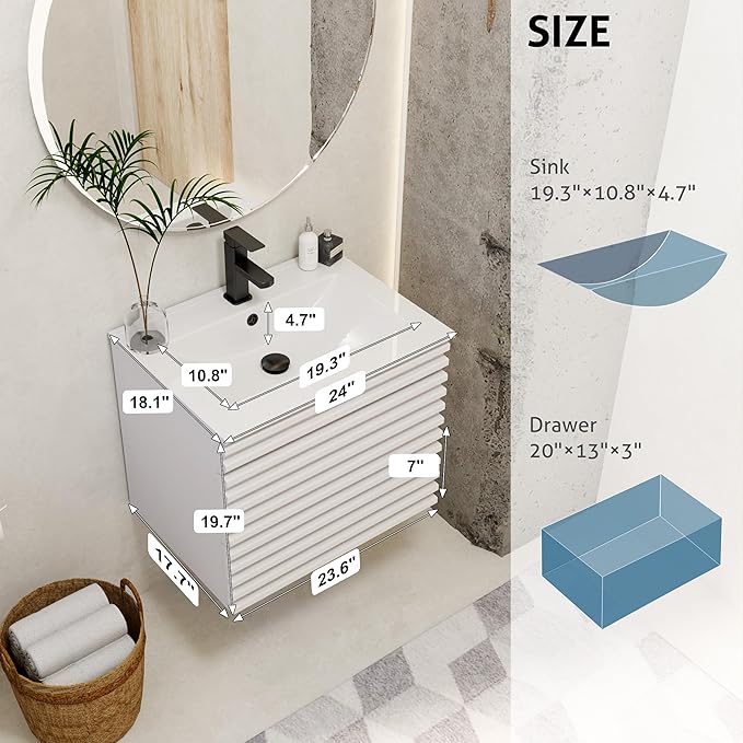 eclife 24" Floating Bathroom Vanity with Sink Combo Mid-Century Wall Mounted Cabinet with Wood Stripes Decor, Drawers, Undermount Sink, Faucet, Drain, Mixed White