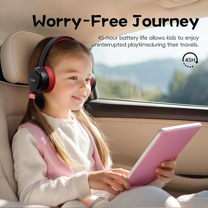 gorsun Kids Bluetooth Headphones, Toddler Headphones 85 dBA Safe Volume, 45 Hours Playtime, with Mic, Bluetooth 5.3, Kids Wireless Headset for iPad/Tablet/Travel/School, ldeal Gift (Black/Red)