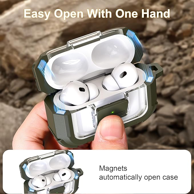 RFUNGUANGO for AirPods Pro 2 Case, Compatible with AirPods Pro 2nd/1st Generation Case, Compatible with MagSafe, Magnetic Automatic Lock with Cleaner Kit and Keychain, Front LED Visible, Green