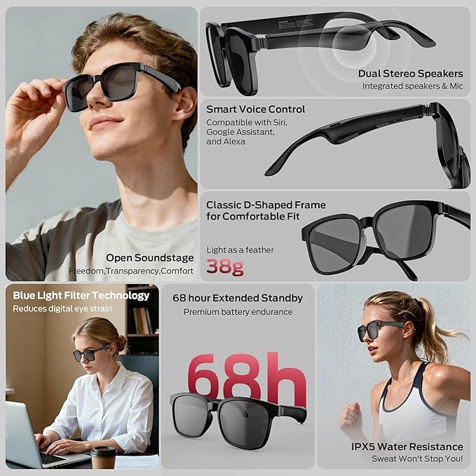 Oraolo Smart Glasses, Polarized Sunglasses with Bluetooth Speaker, Wireless Music & Calls, Athletic/Outdoor UV Protection and Voice Control, Unisex(Black)