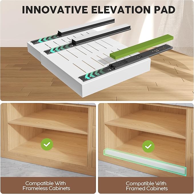 4Pack Expandable Pull Out Cabinet Organizer 21"Deep with Raising Pad for Framed Cabinets,Slide Out Drawers with 4pcs Divider Racks,Roll Out Shelves Adhesive,Adjustable Width 12.05"-20.4"White