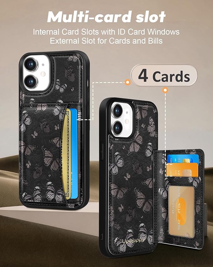 for iPhone 11 Case with Wallet - Fits 4 Card Slots, Compatible with MagSafe for Women Aesthetic Durable PU Leather Credit Card Holder Kickstand Phone Cover for Apple 11, Black Butterfly