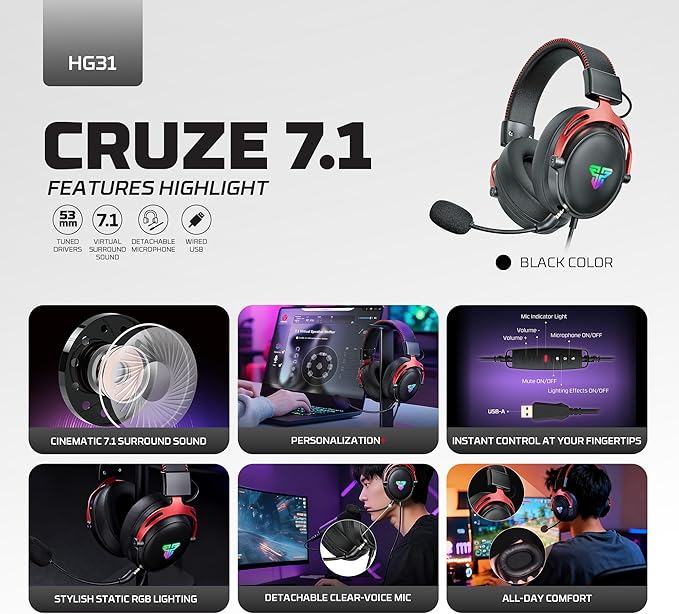 FANTECH Cruze 7.1 HG31 Gaming Headset with 53mm Drivers, Virtual 7.1 Surround Sound, Detachable Microphone, USB Connection, RGB Lighting, and in-Line Controls for PC, PS5, PS4, Xbox