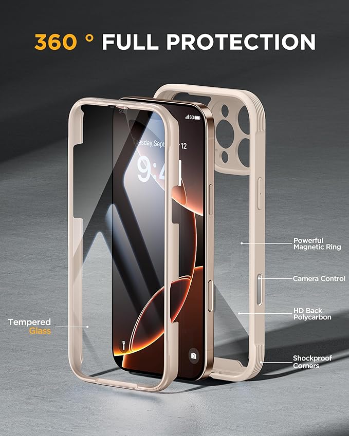 Miracase Magnetic for iPhone 16 Pro Case Full-Body Phone with Built-in Glass Screen Protector, [Compatible with MagSafe] Military Drop Proof 16 Pro Cover Bumper 6.3 inch, Desert