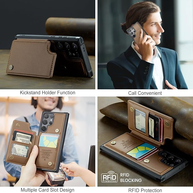 Bemal for Samsung Galaxy S24 Ultra Wallet Case with Card Holder, RFID Blocking, Shockproof Leather Kickstand for Men and Women, Durable Protective Phone Cover for 6.8", Brown