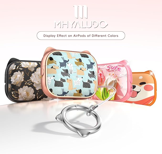 for AirPods Pro 2 Case with Cleaning Kit, Cute Cat Ear Print Design & Cute Buckle for Girls, Phone Holder & Top Safe Lock Buckle Design for AirPods Pro 2nd/1st Gen case, Rose Gold Animal