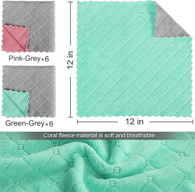 12 Pack Kitchen Cloth Dish Towels, 12x12 inch Soft Premium Dishcloths, Absorbent Microfiber Cleaning Cloth for Cleaning Dishes, Kitchen, Bathroom, Car