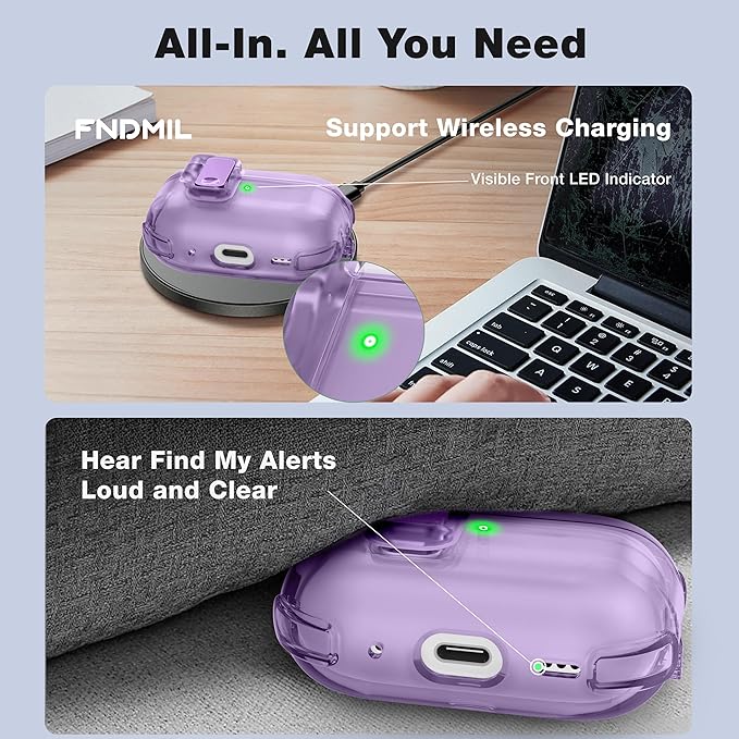 Clear Case for AirPods Pro 2 Case Cover with Lock Safety&Pop Up [Military Shockproof]Anti-Yellow Transparent Wireless Charging for AirPods Pro 2nd/1st Generation Case with Keychain,Clear Purple