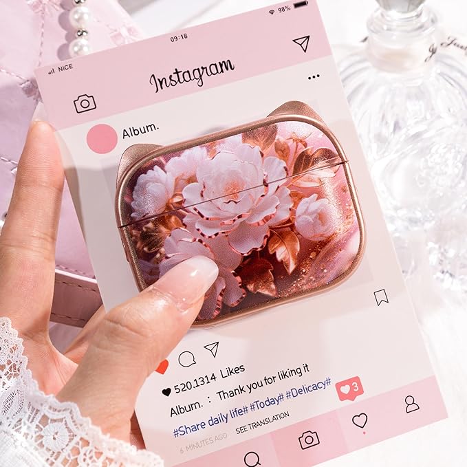for AirPods Pro 2 Case with Cleaning Kit, Cute Cat Ear Print Design & Cute Buckle for Girls, Phone Holder & Top Safe Lock Buckle Design for AirPods Pro 2nd/1st Gen case, Rose Gold Peony