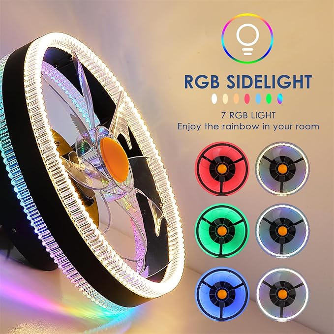 Flush Mount Ceiling Fans with Lights - RGB Low Profile Ceiling Fan,13" Small Dimmable LED Bladeless Ceiling Fans, Modern Enclosed LED-RGB Ambient Light for Bedroom, Kids Room, Party