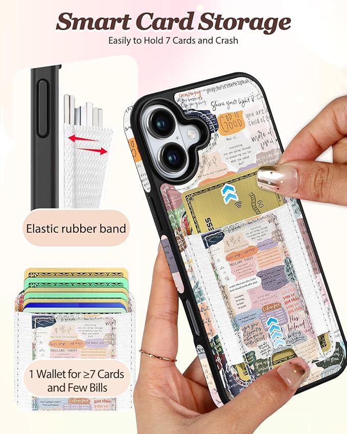Shorogyt for iPhone 16 Wallet Case - Fits 5 Cards, Compatible with Magsafe Detachable Magnetic Credit Card Holder Leather Cardholder Cute Phone Cover Women Girls for Apple 16, Collage