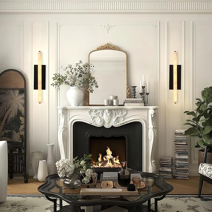 Alabaster Wall Sconces, 25" Black Alabaster Sconce, Spanish Natural Marble Bathroom Vanity Sconces, Rectangle Modern Sconces Lighting for Bedroom Living Room Staircases Hallway
