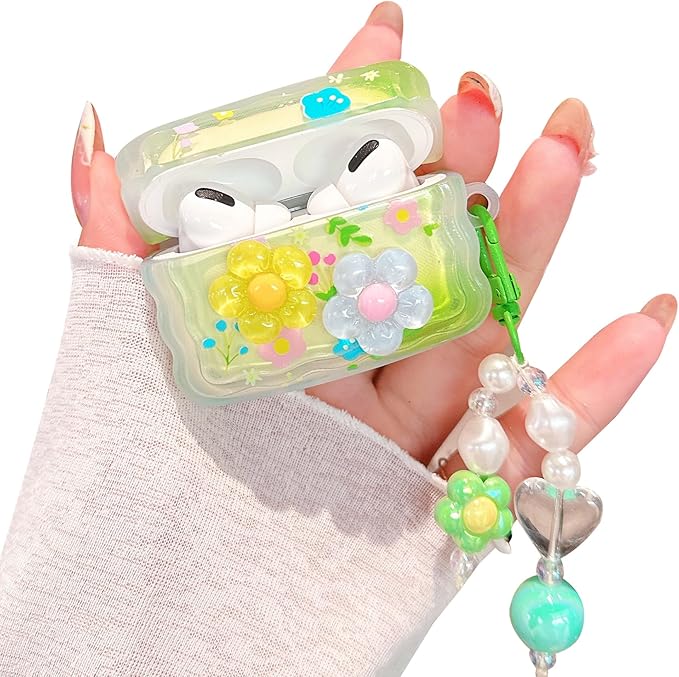 for Airpod Pro 2/1 Case Cute 3D Flower with Keychain Clear TPU Protective Cover Compatible with AirPods Pro 2nd / 1st Gen Case for Girls Women (Floral Blue Yellow)