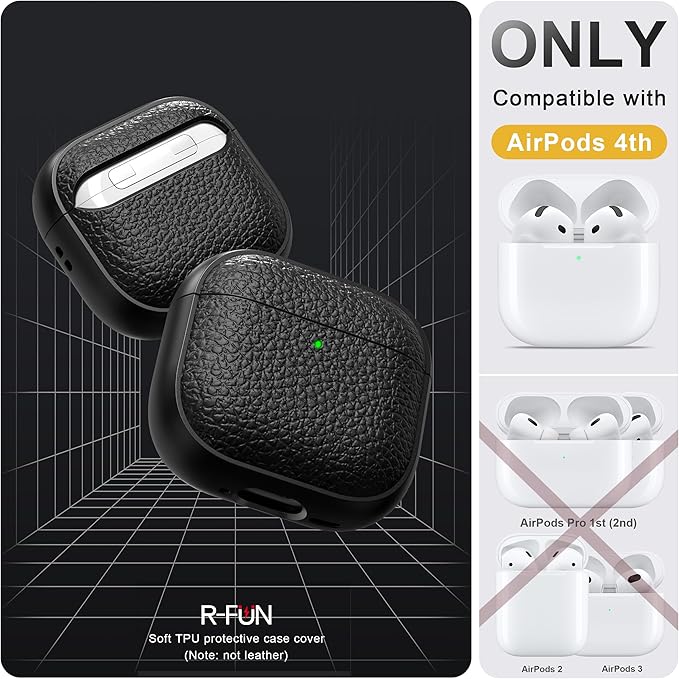 R-fun for Airpods 4 Case, Soft TPU (Leather-Like Design) Drop Protection Cover for Men and Women with Lanyard and Cleaner Kit, Compatible with Apple Latest Airpods 4th Gen(USB-C)(2024)-Black