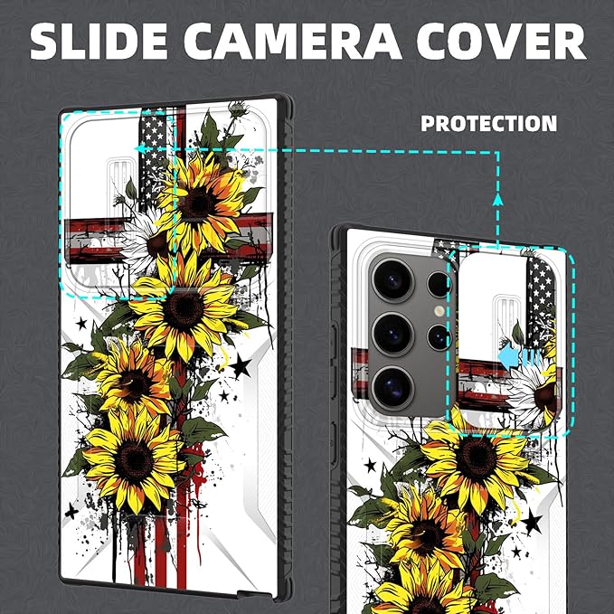 for Galaxy S26 Ultra Case Built in Slide Camera Lens Cover,Heavy Duty Shockproof Protection Dual Layer Case for Samsung Galaxy S26 Ultra 6.9" 2026,Cross American Flag Sunflower