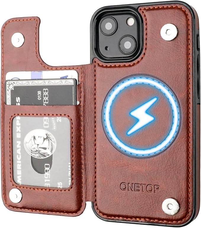 ONETOP Compatible with Magsafe for iPhone 13 Wallet Case with Card Holder, PU Leather Kickstand RFID Blocking Case, Double Magnetic Clasp and Durable Shockproof Cover 6.1 Inch (Brown)