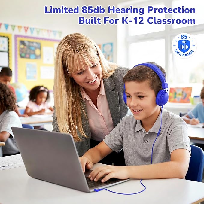 AILIHEN Kids Headphones Wired Bulk 5-Pack for K-6 School & Classroom, with Microphone, 85dB Volume Limit, Shareable, Foldable, 3.5mm Jack for Chromebook, Computer - Dark Color