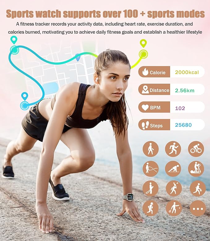 Smart Watches for Women, 1.72" Smart Watch for Android Phones with Heart Rate/Sleep Monitor, 100+ Sports Modes, IP68 Waterproof, Fitness Watch with Free APP Compatible Android iOS (Champagne Gold)
