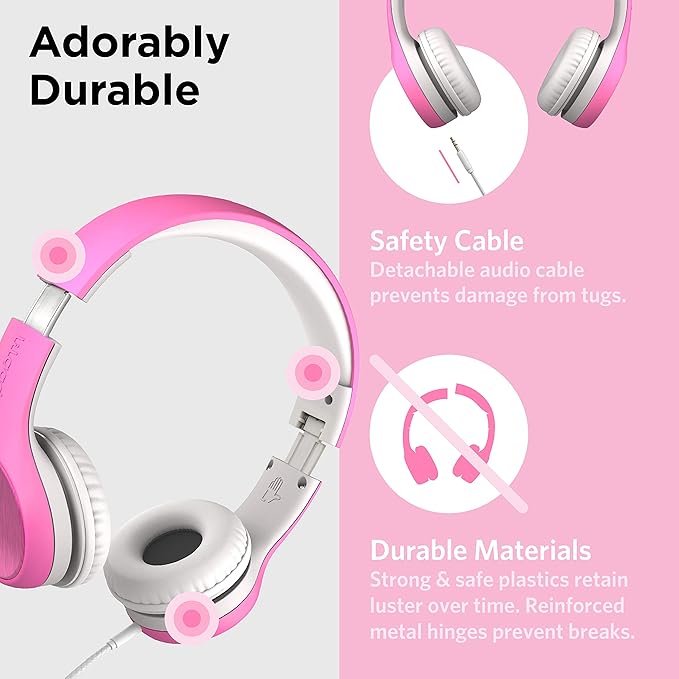 LilGadgets Connect+ Style On-Ear Kids Headphones with Microphone - SharePort Technology, SoftTouch Padding, Detachable Cable, Volume Limiting, Durable & Adjustable - Pink