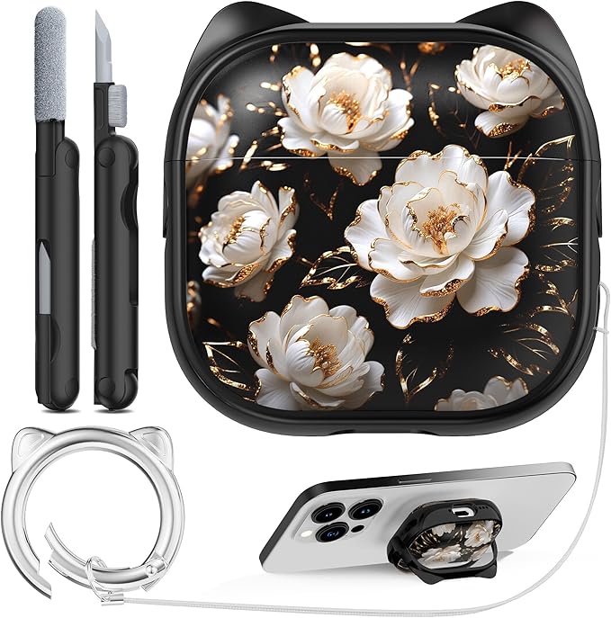 RFUNGUANGO AirPods 4 Case for Women Girly Cat Case with Lock, Phone Stand, Keychain & Cleaner Kit, Compatible with Apple Airpods 4th Generation Case Cover, Black Peony