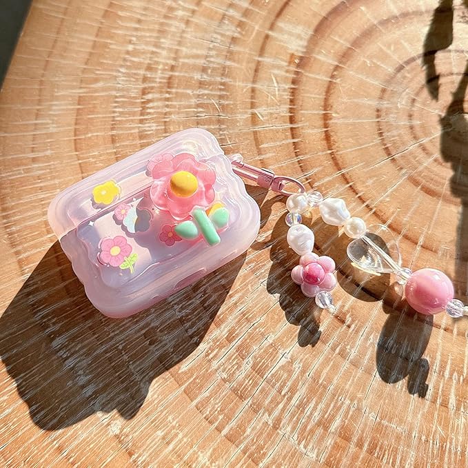 Cute Airpod Pro 2 / Airpod Pro Case 3D Flower with Keychain Clear Hard TPU Protective Cover Compatible with AirPods Pro 2nd/1st Generation Case for Girls Women (Floral Pink)