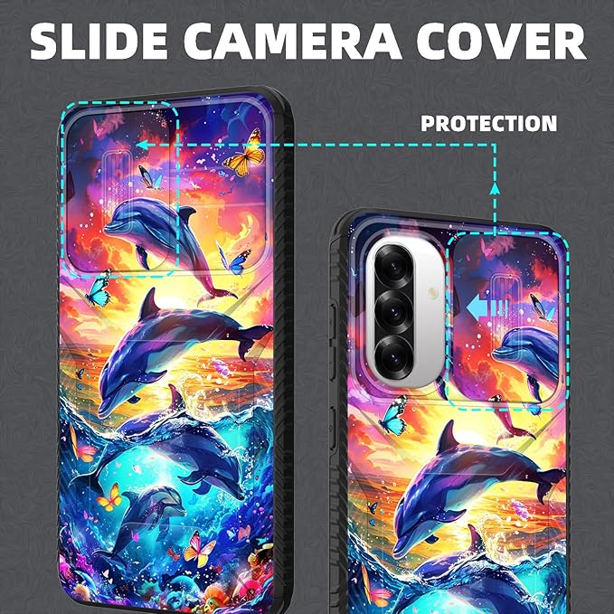 for Galaxy A36 5G/A56 5G Case Built in Slide Camera Lens Cover,Heavy Duty Shockproof Protection Dual Layer Case for Samsung Galaxy A36 5G/A56 5G 6.7" 2025,Dolphins and Butterflies