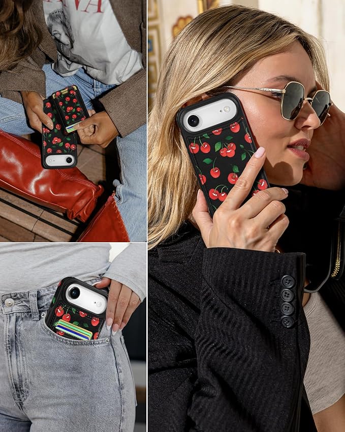 Shorogyt for iPhone Air Wallet Case - Fits 5 Cards, Compatible with Magsafe Detachable Magnetic Credit Card Holder Leather Cardholder Cute Phone Cover Women Girls for Apple 17 Air, Cherry