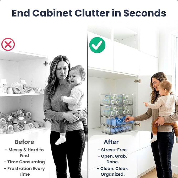 Clear Baby Bottle Organizer For Cabinet, Storage Bins with Pull-Out Drawers, 6-Pack Organizer Set with Labels, Premium PET Plastic Storage Organizer for Pantry, Bathroom, Vanity, Countertop