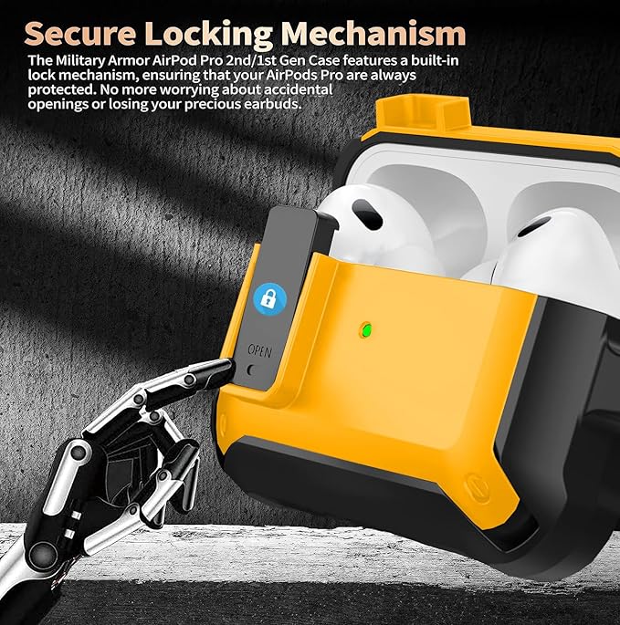 for Airpods Pro 2/1 Gen Case Cover with Lock (2019/2022/2023), Rugged Locking Case for Airpod Pro 2nd/1st Generation Shockproof Armor Protective Skin for Apple iPod Pro - Black/Yellow