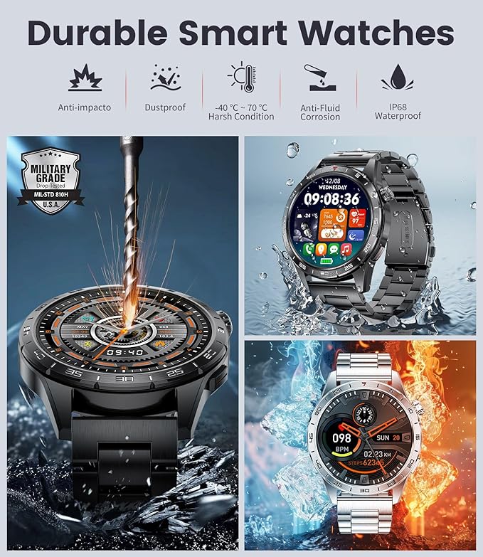 SUNKTA Smart Watch for Men,Answer/Make Calls,1.43'' AMOLED,IP68 Waterproof,110+ Sports Modes Fitness Watch with Sleep Monitor/SpO2/Heart Rate/Pedometer Rugged Outdoor Smartwatch 2 Straps