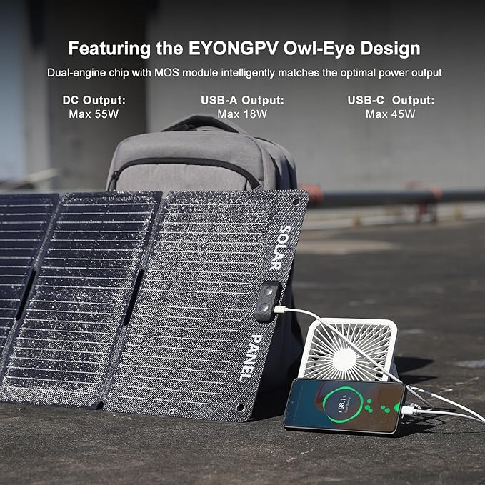 EYONGPV 55W Foldable Solar Panel Charger with Owl-Eye LED, USB-C & USB-A DC Fast Charging, Portable Solar Charger for Camping, Hiking, RV, Outdoor, Compatible with iPhone, iPad, Samsung Galaxy, GPS