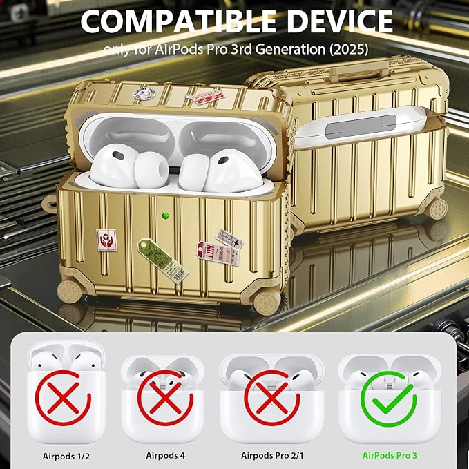 KOREDA Compatible with AirPods Pro 3 Case Cover, Cute Funny Suitcase Design Case for AirPods Pro 3rd Generation, Fashion Protective Hard Case for Women Men with Keychain and Cleaner Kit