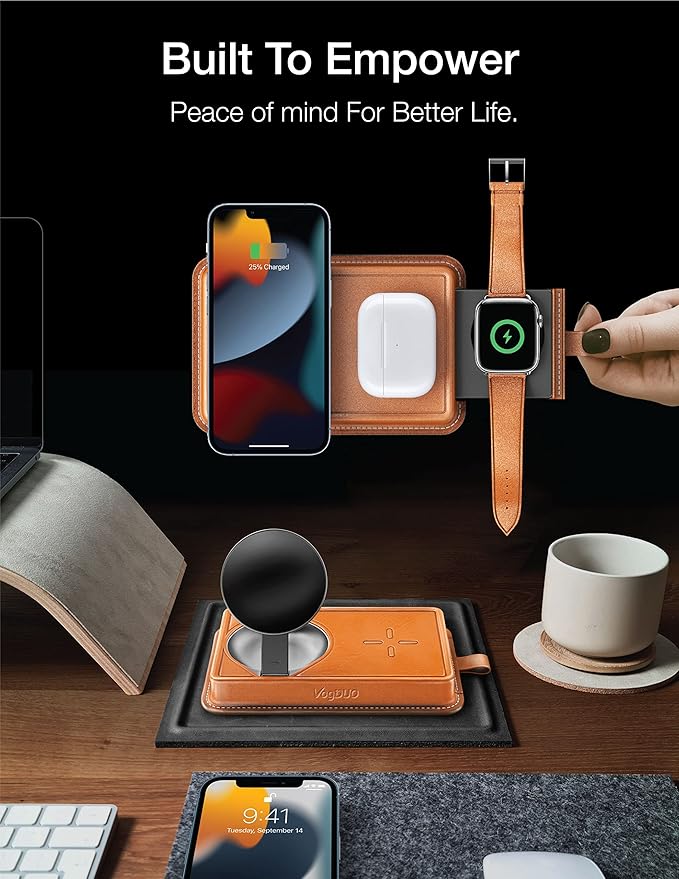 VogDUO 3 in 1 Wireless Magnetic Charging Stand - 15W Charger Dock Station with Genuine Leather 6ft Extension Cables Switchable Nightlight for iPhone, AirPods, Apple Watch (Tan)