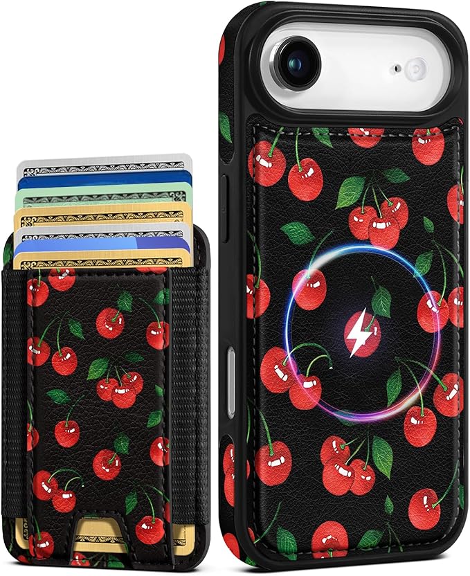 Shorogyt for iPhone Air Wallet Case - Fits 5 Cards, Compatible with Magsafe Detachable Magnetic Credit Card Holder Leather Cardholder Cute Phone Cover Women Girls for Apple 17 Air, Cherry