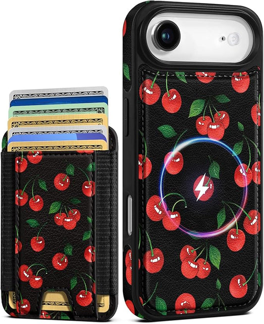 Shorogyt for iPhone Air Wallet Case - Fits 5 Cards, Compatible with Magsafe Detachable Magnetic Credit Card Holder Leather Cardholder Cute Phone Cover Women Girls for Apple 17 Air, Cherry