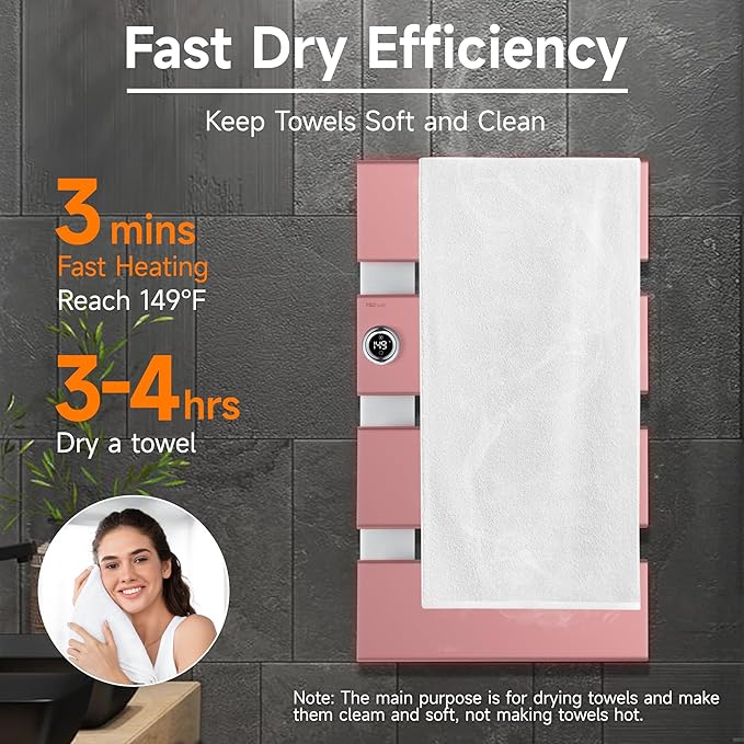 P&Bhusri Electric Heated Towel Rack, Silver Towel Warmer with Adjustable Temperature (98–149°F) and Timer (1-24h, On), Fast Heating and Drying for Bathroom, Memory & Remote Control Compatible